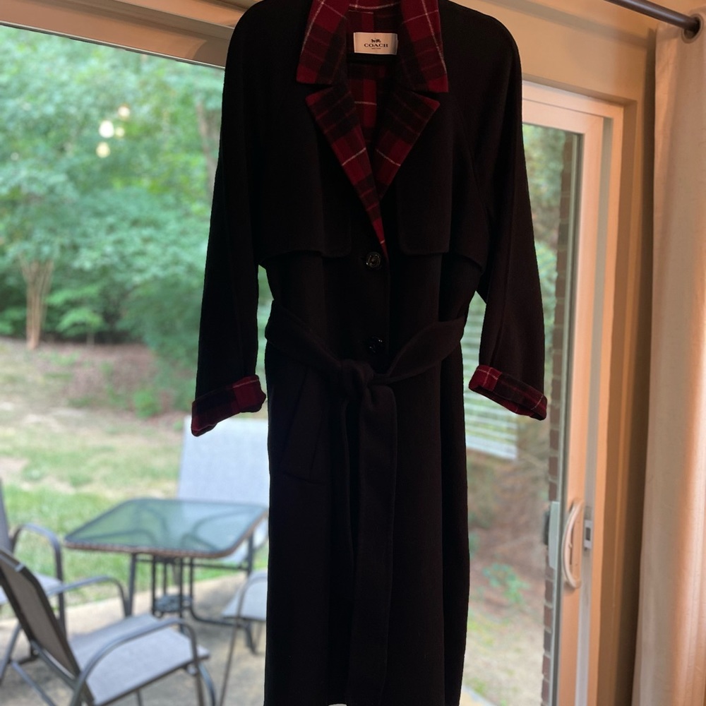 Women’s Coach Relaxed fit large Never Worn Wool Belted Trench Red Plaid Trim - Picture 11 of 11